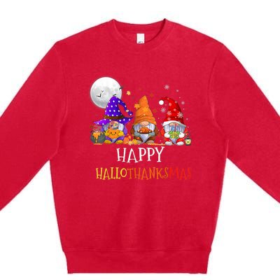 Happy Hallothanksmas Gnomes Halloween Christmas Thanksgiving Premium Crewneck Sweatshirt