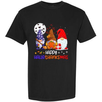 Happy Hallothanksmas Gnomes Halloween Thanksgiving Christmas Garment-Dyed Heavyweight T-Shirt