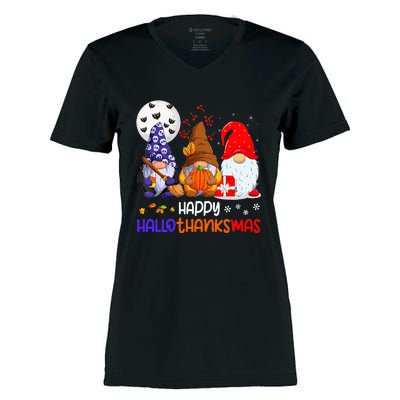 Happy Hallothanksmas Gnomes Halloween Thanksgiving Christmas Women's Momentum V-Neck T-Shirt