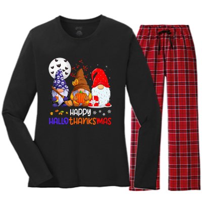 Happy Hallothanksmas Gnomes Halloween Thanksgiving Christmas Women's Long Sleeve Flannel Pajama Set 