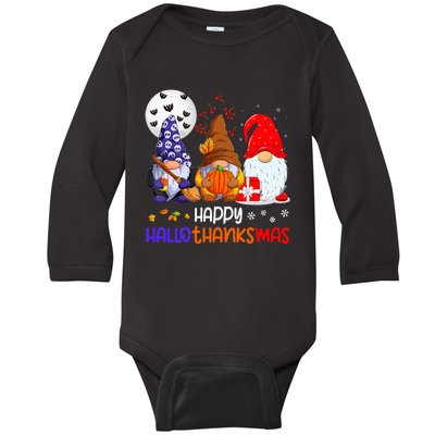 Happy Hallothanksmas Gnomes Halloween Thanksgiving Christmas Baby Long Sleeve Bodysuit