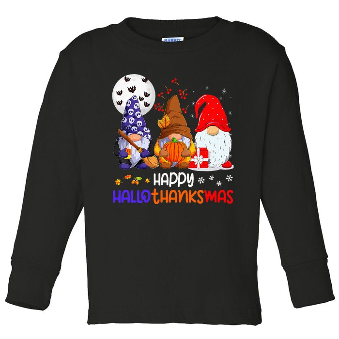 Happy Hallothanksmas Gnomes Halloween Thanksgiving Christmas Toddler Long Sleeve Shirt