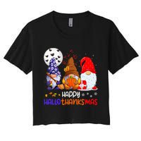 Happy Hallothanksmas Gnomes Halloween Thanksgiving Christmas Women's Crop Top Tee