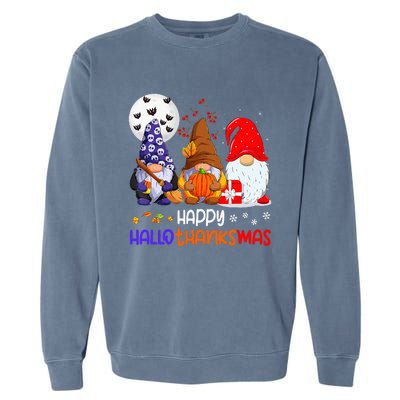 Happy Hallothanksmas Gnomes Halloween Thanksgiving Christmas Garment-Dyed Sweatshirt