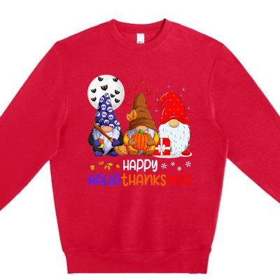 Happy Hallothanksmas Gnomes Halloween Thanksgiving Christmas Premium Crewneck Sweatshirt