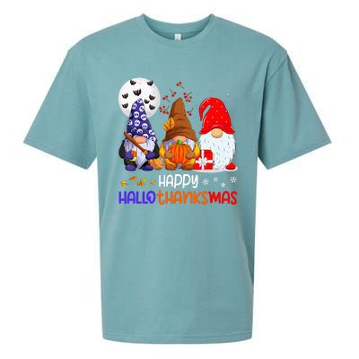 Happy Hallothanksmas Gnomes Halloween Thanksgiving Christmas Sueded Cloud Jersey T-Shirt