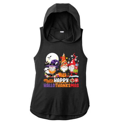 Happy Hallothanksmas Gnome Halloween Thanksgiving Christmas Ladies PosiCharge Tri-Blend Wicking Draft Hoodie Tank