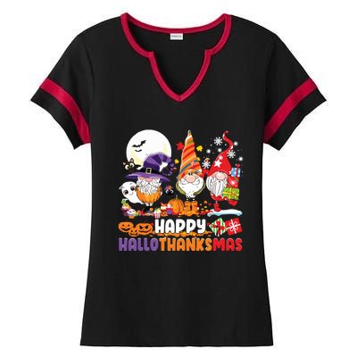 Happy Hallothanksmas Gnome Halloween Thanksgiving Christmas Ladies Halftime Notch Neck Tee