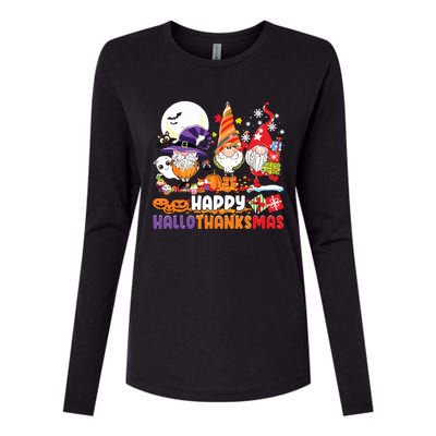 Happy Hallothanksmas Gnome Halloween Thanksgiving Christmas Womens Cotton Relaxed Long Sleeve T-Shirt