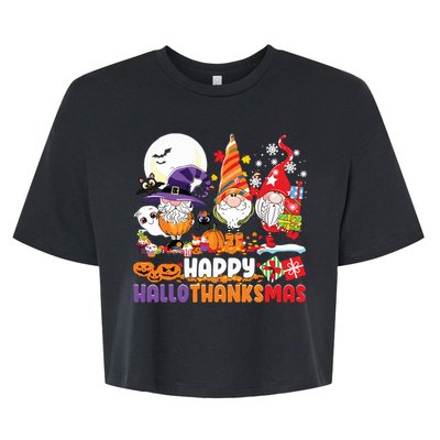 Happy Hallothanksmas Gnome Halloween Thanksgiving Christmas Bella+Canvas Jersey Crop Tee