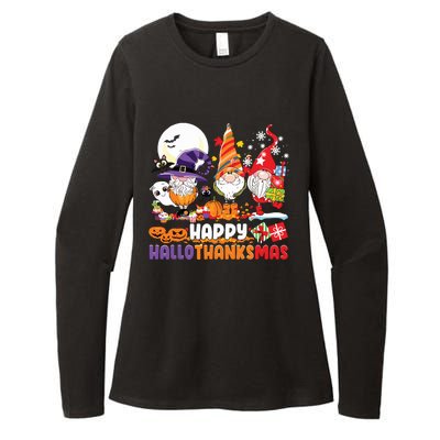 Happy Hallothanksmas Gnome Halloween Thanksgiving Christmas Womens CVC Long Sleeve Shirt