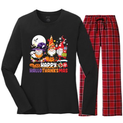 Happy Hallothanksmas Gnome Halloween Thanksgiving Christmas Women's Long Sleeve Flannel Pajama Set 