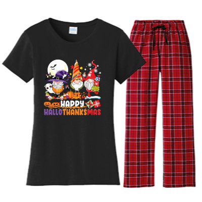 Happy Hallothanksmas Gnome Halloween Thanksgiving Christmas Women's Flannel Pajama Set