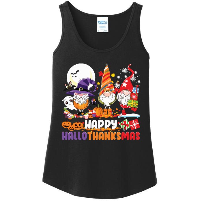 Happy Hallothanksmas Gnome Halloween Thanksgiving Christmas Ladies Essential Tank