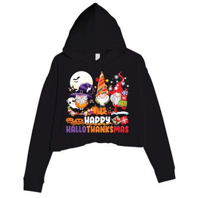 Happy Hallothanksmas Gnome Halloween Thanksgiving Christmas Crop Fleece Hoodie