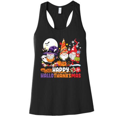 Happy Hallothanksmas Gnome Halloween Thanksgiving Christmas Women's Racerback Tank