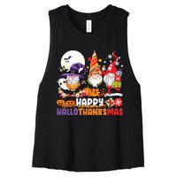 Happy Hallothanksmas Gnome Halloween Thanksgiving Christmas Women's Racerback Cropped Tank