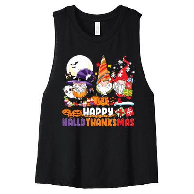 Happy Hallothanksmas Gnome Halloween Thanksgiving Christmas Women's Racerback Cropped Tank