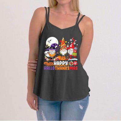 Happy Hallothanksmas Gnome Halloween Thanksgiving Christmas Women's Strappy Tank