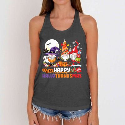 Happy Hallothanksmas Gnome Halloween Thanksgiving Christmas Women's Knotted Racerback Tank