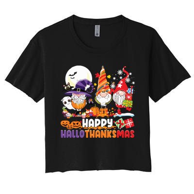 Happy Hallothanksmas Gnome Halloween Thanksgiving Christmas Women's Crop Top Tee