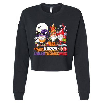 Happy Hallothanksmas Gnome Halloween Thanksgiving Christmas Cropped Pullover Crew