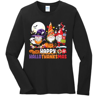 Happy Hallothanksmas Gnome Halloween Thanksgiving Christmas Ladies Long Sleeve Shirt