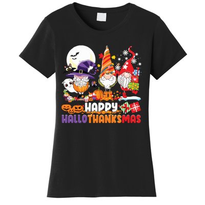 Happy Hallothanksmas Gnome Halloween Thanksgiving Christmas Women's T-Shirt