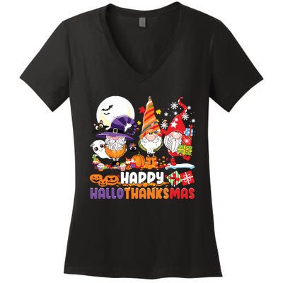 Happy Hallothanksmas Gnome Halloween Thanksgiving Christmas Women's V-Neck T-Shirt