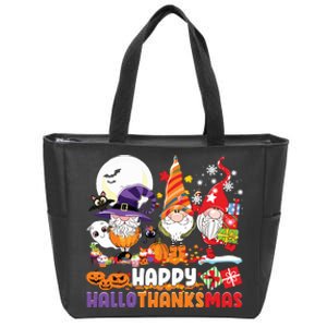 Happy Hallothanksmas Gnome Halloween Thanksgiving Christmas Zip Tote Bag