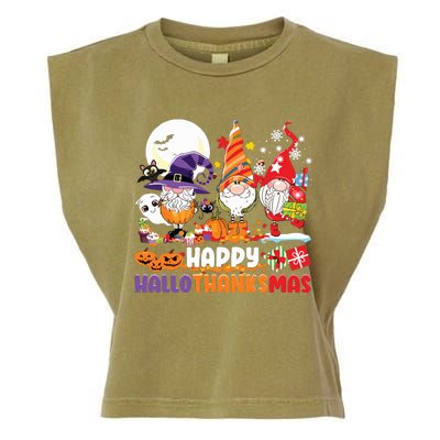 Happy Hallothanksmas Gnome Halloween Thanksgiving Christmas Garment-Dyed Women's Muscle Tee