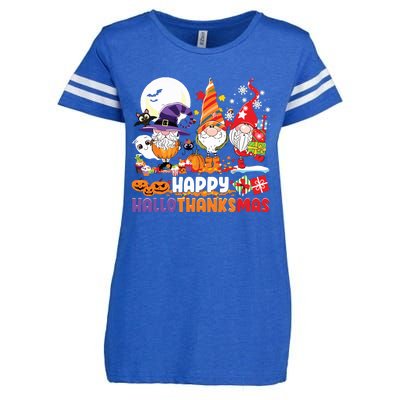 Happy Hallothanksmas Gnome Halloween Thanksgiving Christmas Enza Ladies Jersey Football T-Shirt