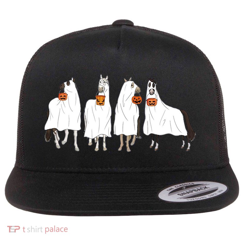 Halloween Horse Ghost Boo Cowboy Western Spooky Season Flat Bill Trucker Hat