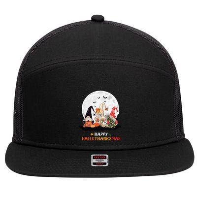 Happy Hallothanksmas Gnomes Halloween Thanksgiving Christmas Gift 7 Panel Mesh Trucker Snapback Hat