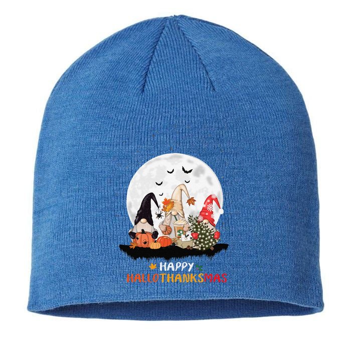 Happy Hallothanksmas Gnomes Halloween Thanksgiving Christmas Gift Sustainable Beanie