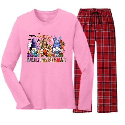 Happy Hallothanksmas Gnomes Halloween Thanksgiving Christmas Women's Long Sleeve Flannel Pajama Set 