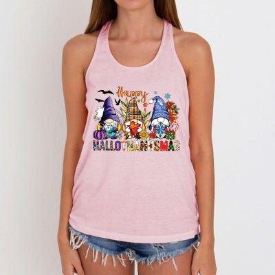 Happy Hallothanksmas Gnomes Halloween Thanksgiving Christmas Women's Knotted Racerback Tank