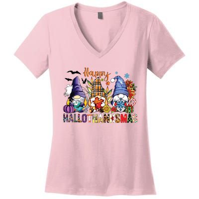 Happy Hallothanksmas Gnomes Halloween Thanksgiving Christmas Women's V-Neck T-Shirt