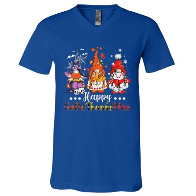 Happy Hallothanksmas Gnomes Halloween Thanksgiving Christmas Love V-Neck T-Shirt