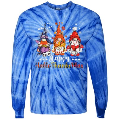 Happy Hallothanksmas Gnomes Halloween Thanksgiving Christmas Love Tie-Dye Long Sleeve Shirt