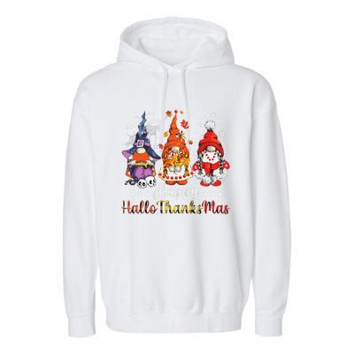 Happy Hallothanksmas Gnomes Halloween Thanksgiving Christmas Love Garment-Dyed Fleece Hoodie