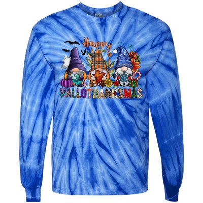 Happy Hallothanksmas Gnomes Halloween Thanksgiving Christmas Tie-Dye Long Sleeve Shirt