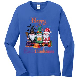 Happy Hallothanksmas Gnomes Halloween Thanksgiving Christmas Funny Gift Ladies Long Sleeve Shirt