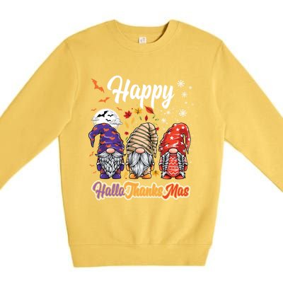 Happy Hallothanksmas Gnomes Halloween Thanksgiving Christmas Funny Gift Premium Crewneck Sweatshirt