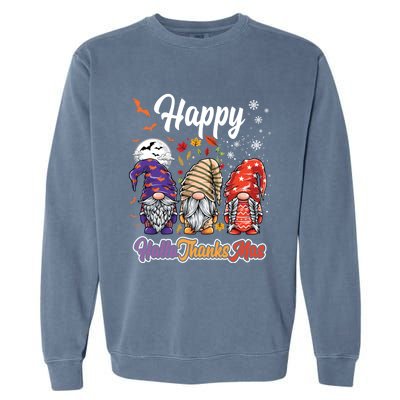 Happy Hallothanksmas Gnomes Halloween Thanksgiving Christmas Funny Gift Garment-Dyed Sweatshirt