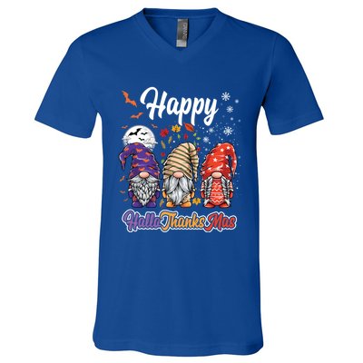 Happy Hallothanksmas Gnomes Halloween Thanksgiving Christmas Funny Gift V-Neck T-Shirt