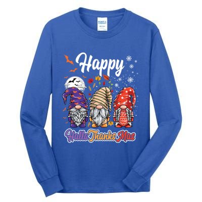 Happy Hallothanksmas Gnomes Halloween Thanksgiving Christmas Funny Gift Tall Long Sleeve T-Shirt