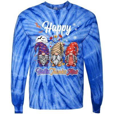 Happy Hallothanksmas Gnomes Halloween Thanksgiving Christmas Funny Gift Tie-Dye Long Sleeve Shirt