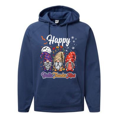 Happy Hallothanksmas Gnomes Halloween Thanksgiving Christmas Funny Gift Performance Fleece Hoodie