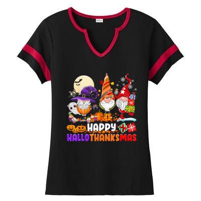 Happy Hallothanksmas Gnomes Halloween Thanksgiving Christmas Ladies Halftime Notch Neck Tee